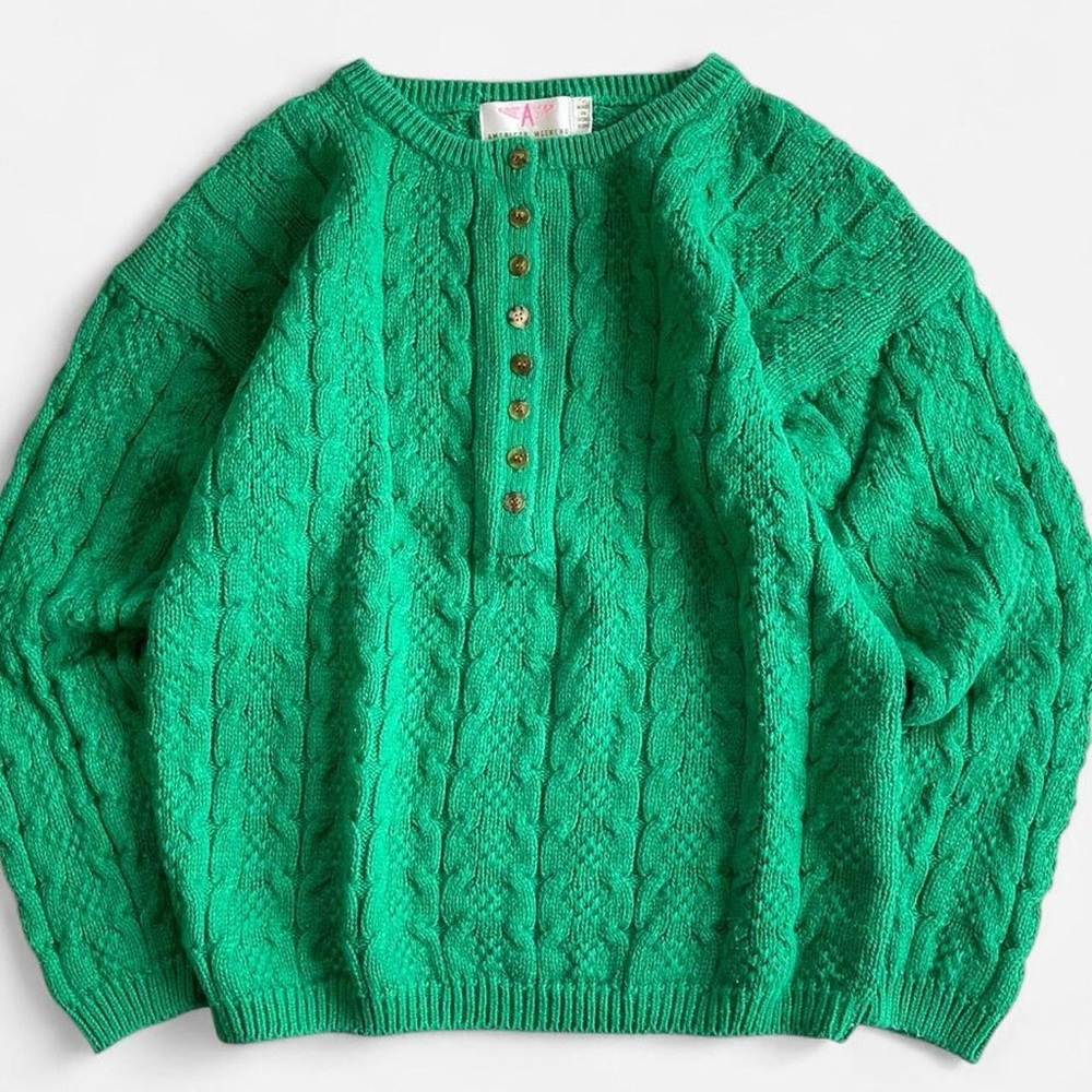 Vintage 80s American Weekend Cozy Green Cable Knit 1/2 Button Sweater